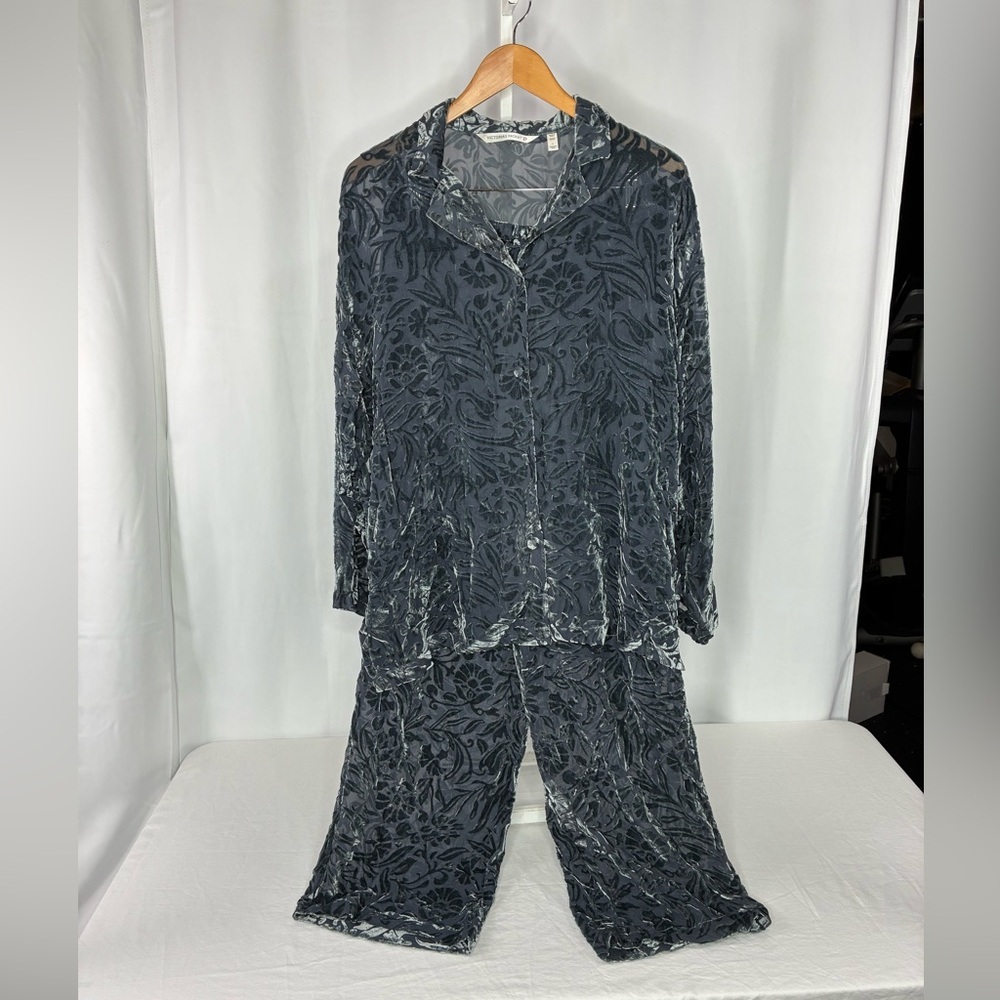 Victoria's Secret Vintage Velvet Burnout Pajama Set Floral Silk Blend Button Top